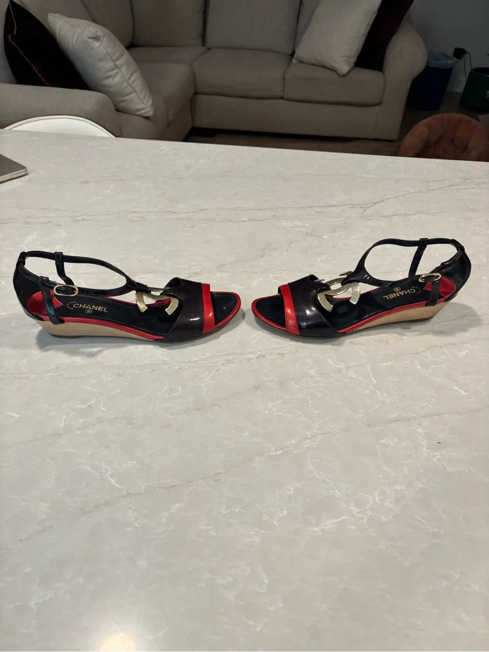 CHANEL Black and Red Patent Leather CC T-Strap Wedge